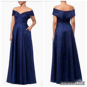 Xscape 6334XP Off The Shoulder Organza Gown Navy‎ Blue 8 Petite